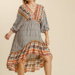 Umgee Plus Size Cream Mix Midi Tie Back Dress